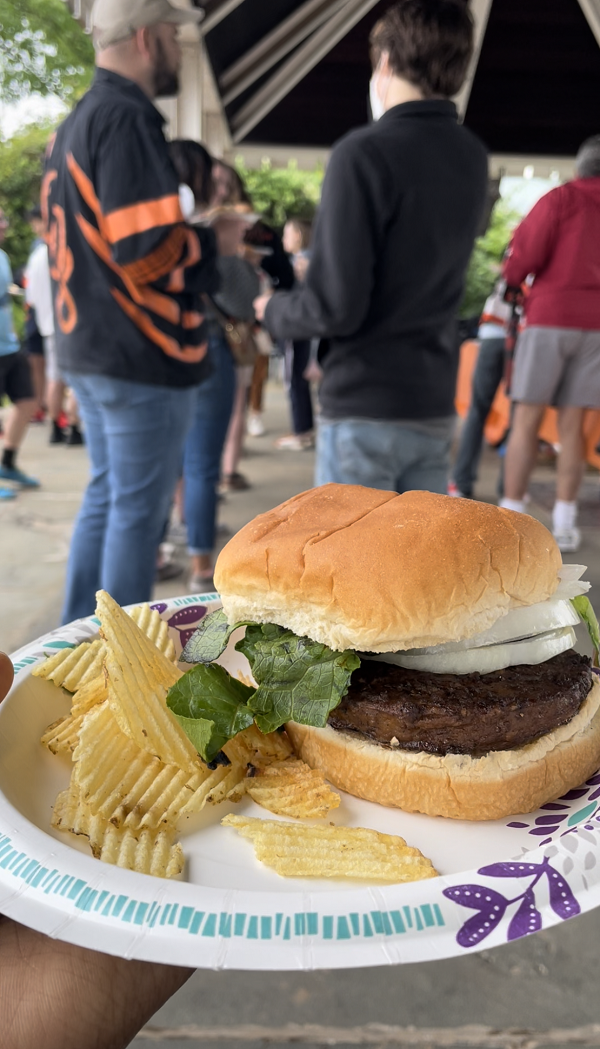 A veggie burger with onions and lettuce sits on a paper plate next to some potato chips. 