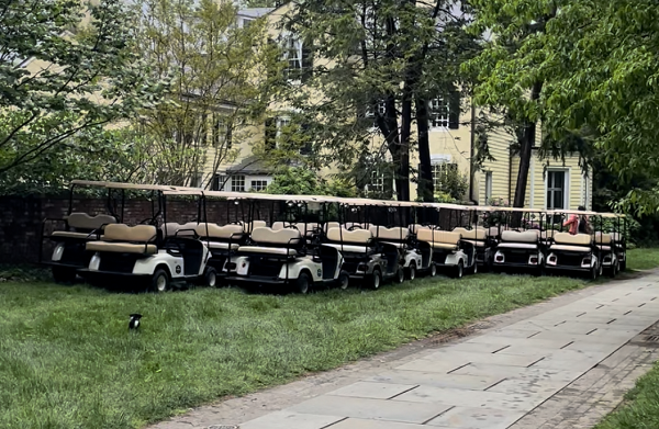  A fleet of white golf carts.