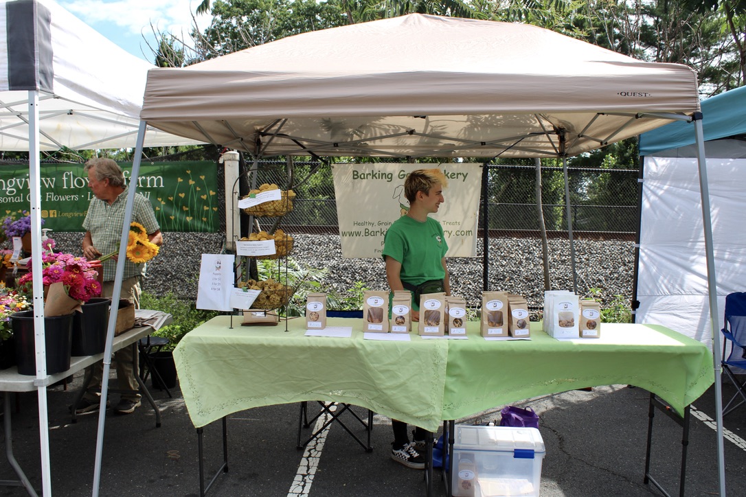 Smiling vendor in green shirt standing at table covered in green tablecloth with paper bags of dog treats arranged on top