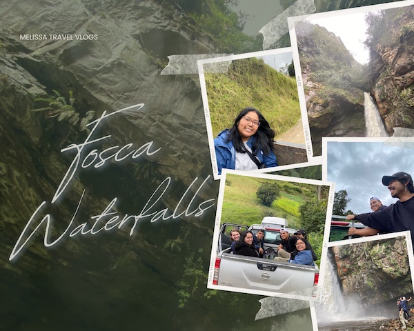 Collage of the Fosca Waterfalls, five pictures with a rocky background.
