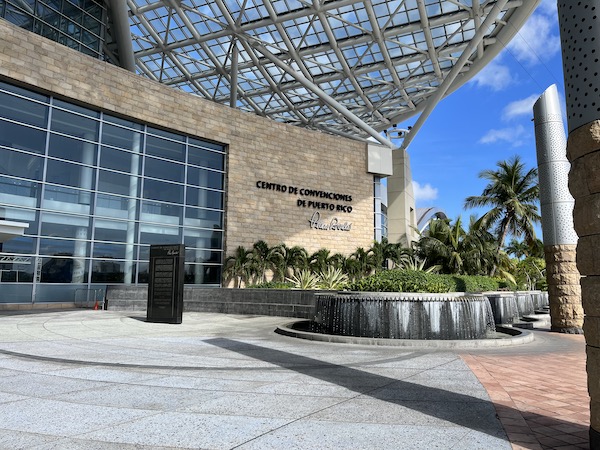 White stone and glass exterior of the Puerto Rico Convention Center