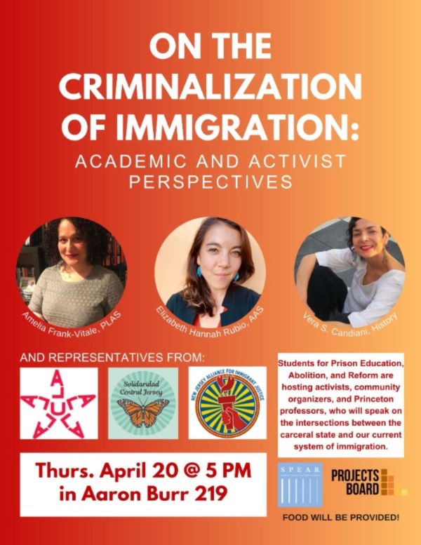 Flyer advertising SPEAR's panel discussion on the criminalization of immigration.