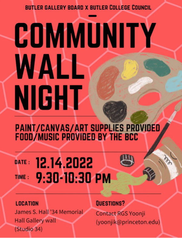 A colorful poster advertising "Community Wall Night" at Butler College.