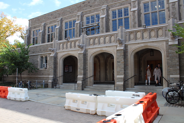 Stone exterior of Dillon Gym on a sunny fall day