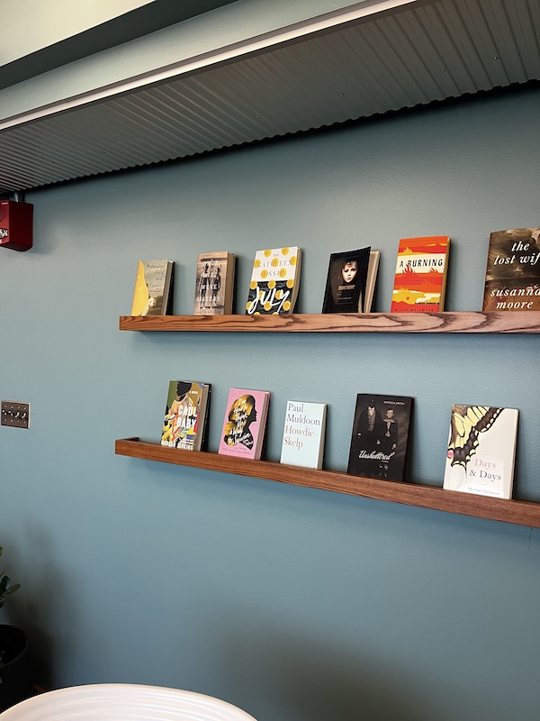 Two shelves of books against a blue wall