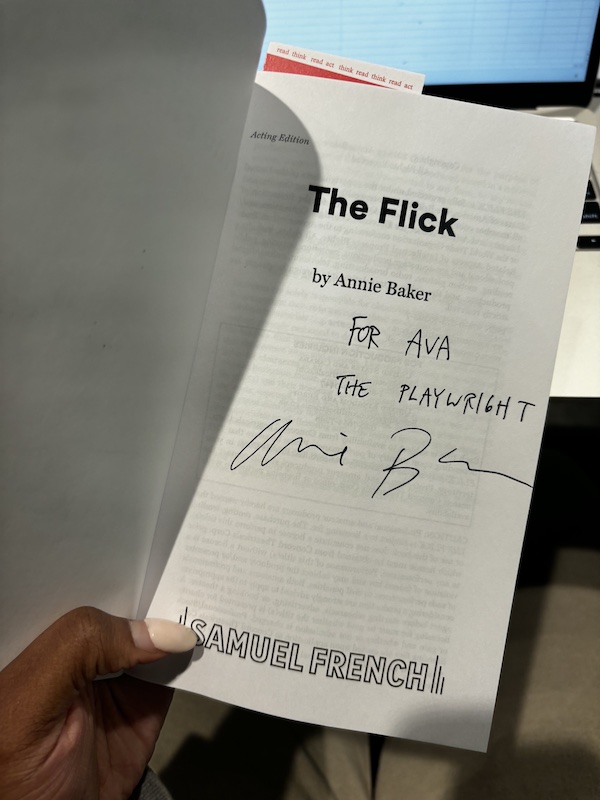 A signed page of a play called "The Flick"