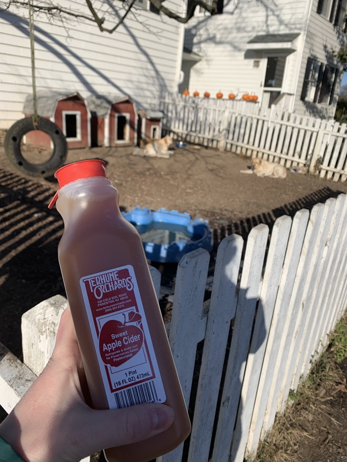 A bottle of Terhune Orchard's apple cider.