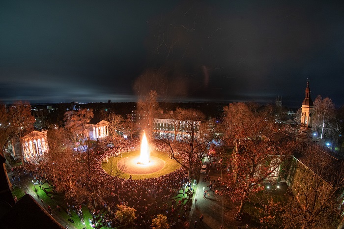 Aerial view of the bonfire on campus 