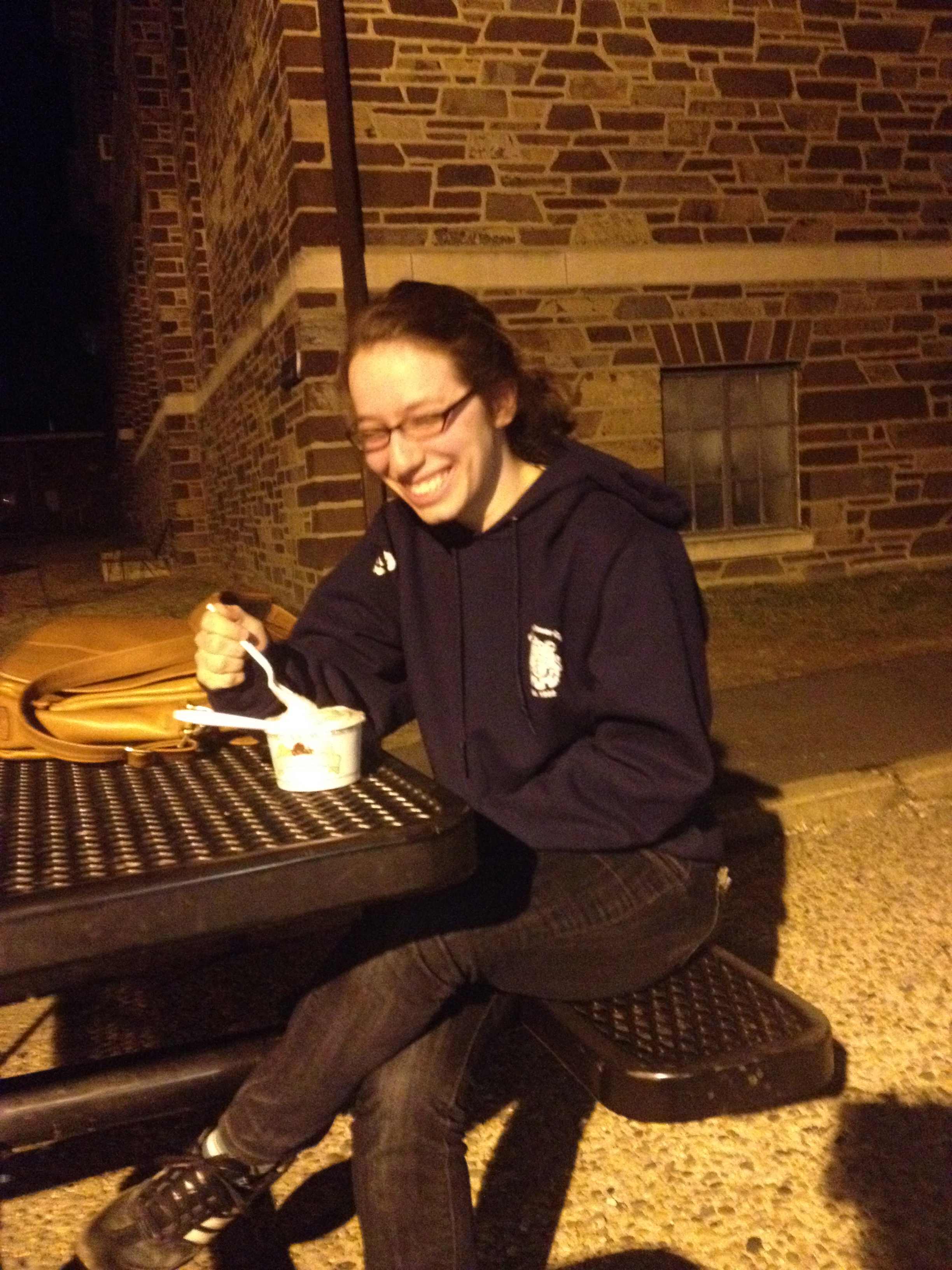 My friend Miriam, smiling with her T-Sweet ice cream.