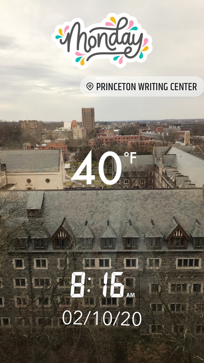 View from New South on a winter's day.  Text shows that it is 40 degrees Fahrenheit on Monday, February 10, 2020.