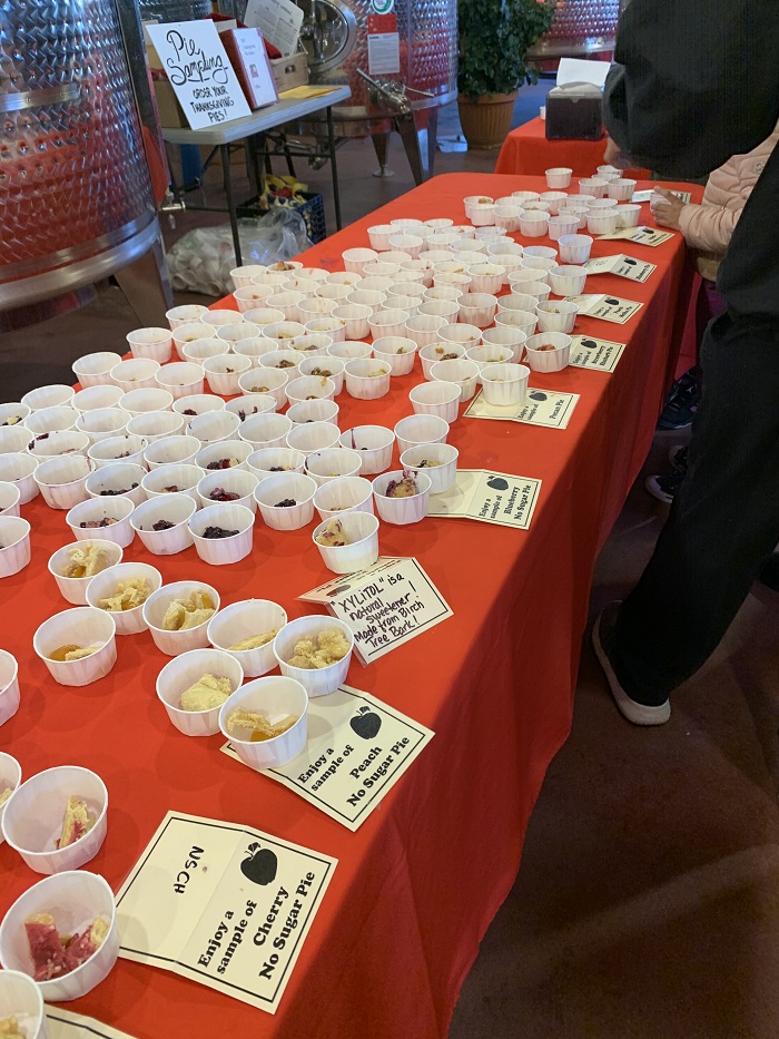 Small white cups with pie samples for tasting at Terhune Orchards