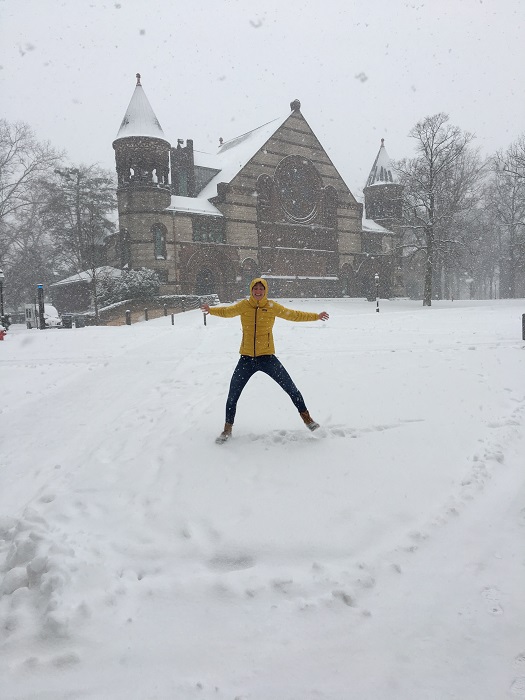 Snowfall in front of Richardson Auditorium, where the PUO performs.