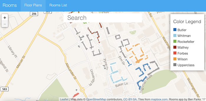 Map of campus in the Room Guide app