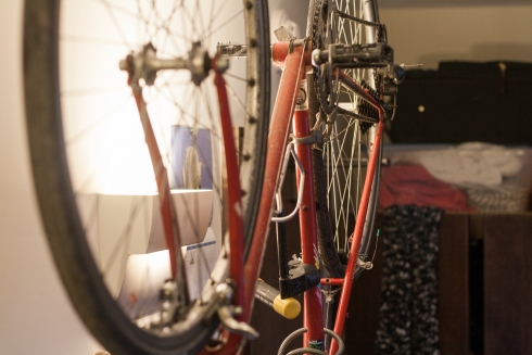 Bike hanging up in room
