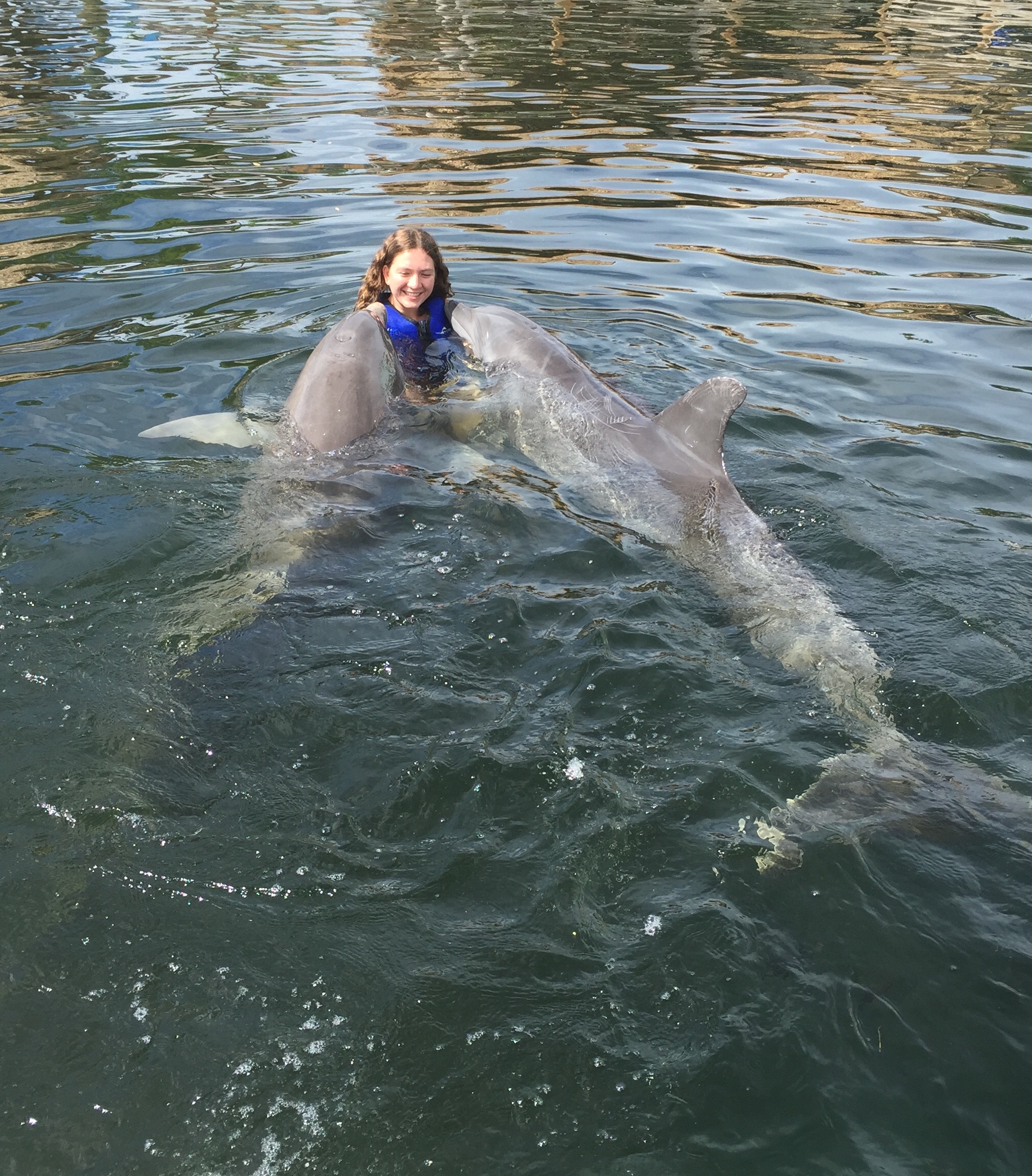 Michelle with two dolphins