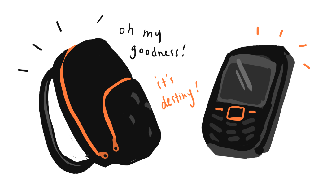 black and orange backpack and phone