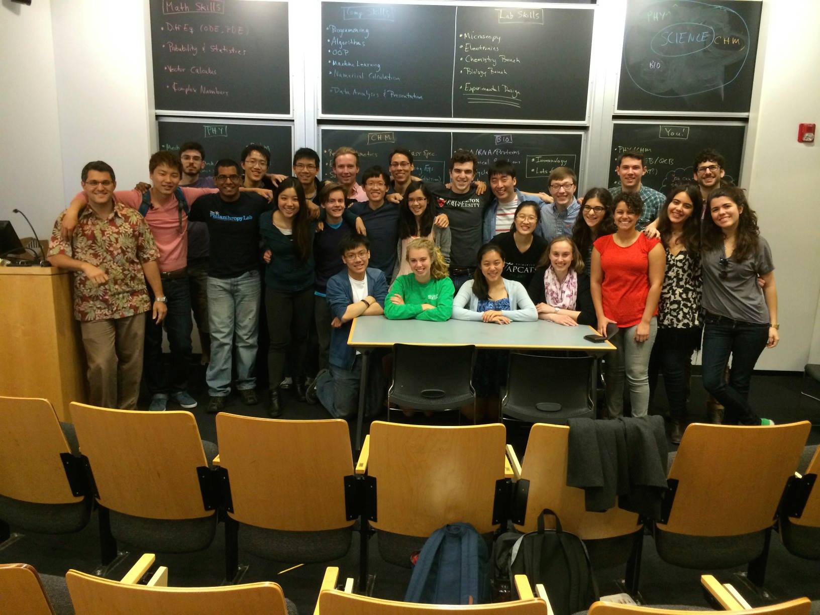 Students and teachers in front of a blackboard
