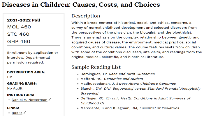 Screenshot of the course description of Diseases in Children: Causes, Costs, and Choices