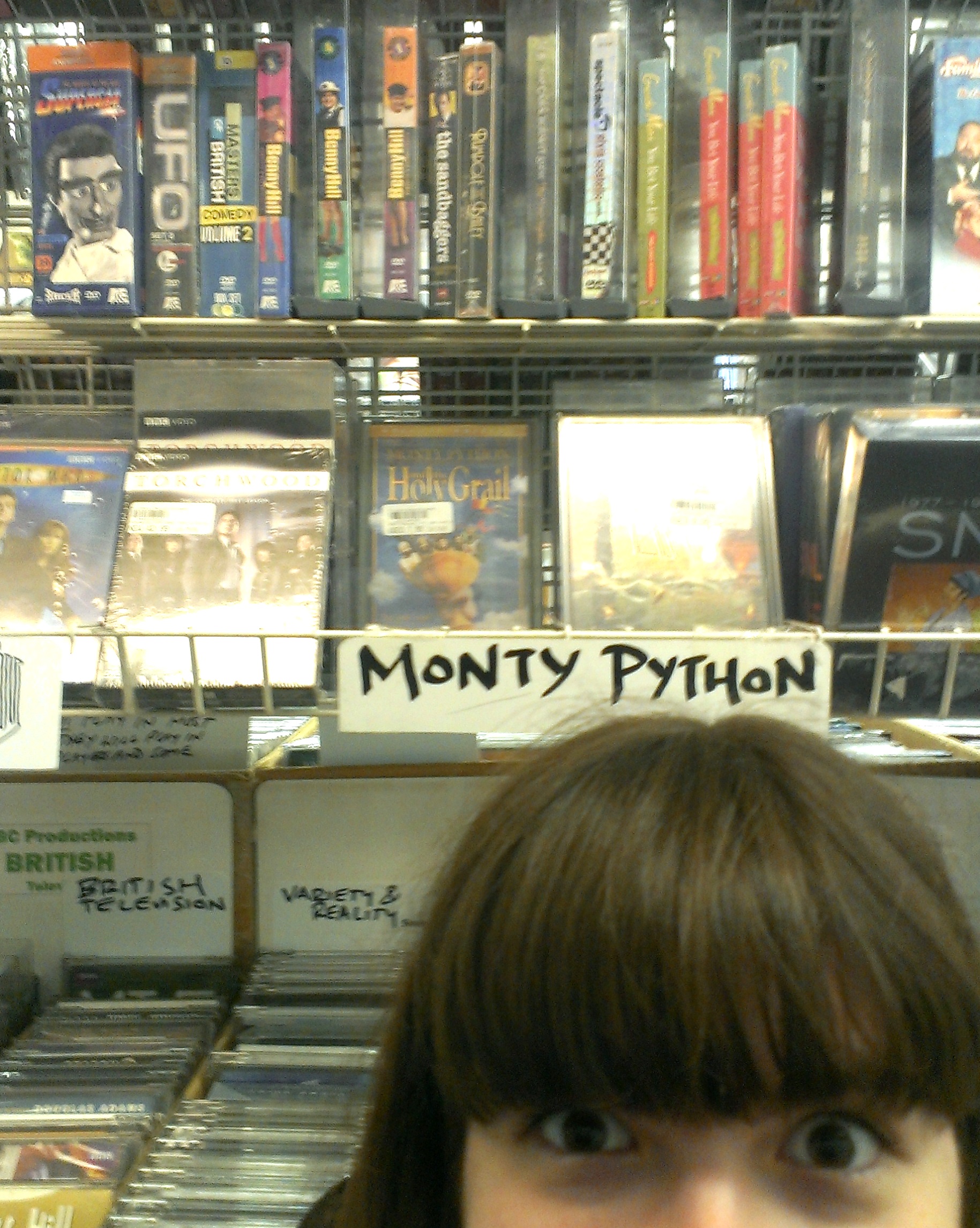 Lauren in the Monty Python section