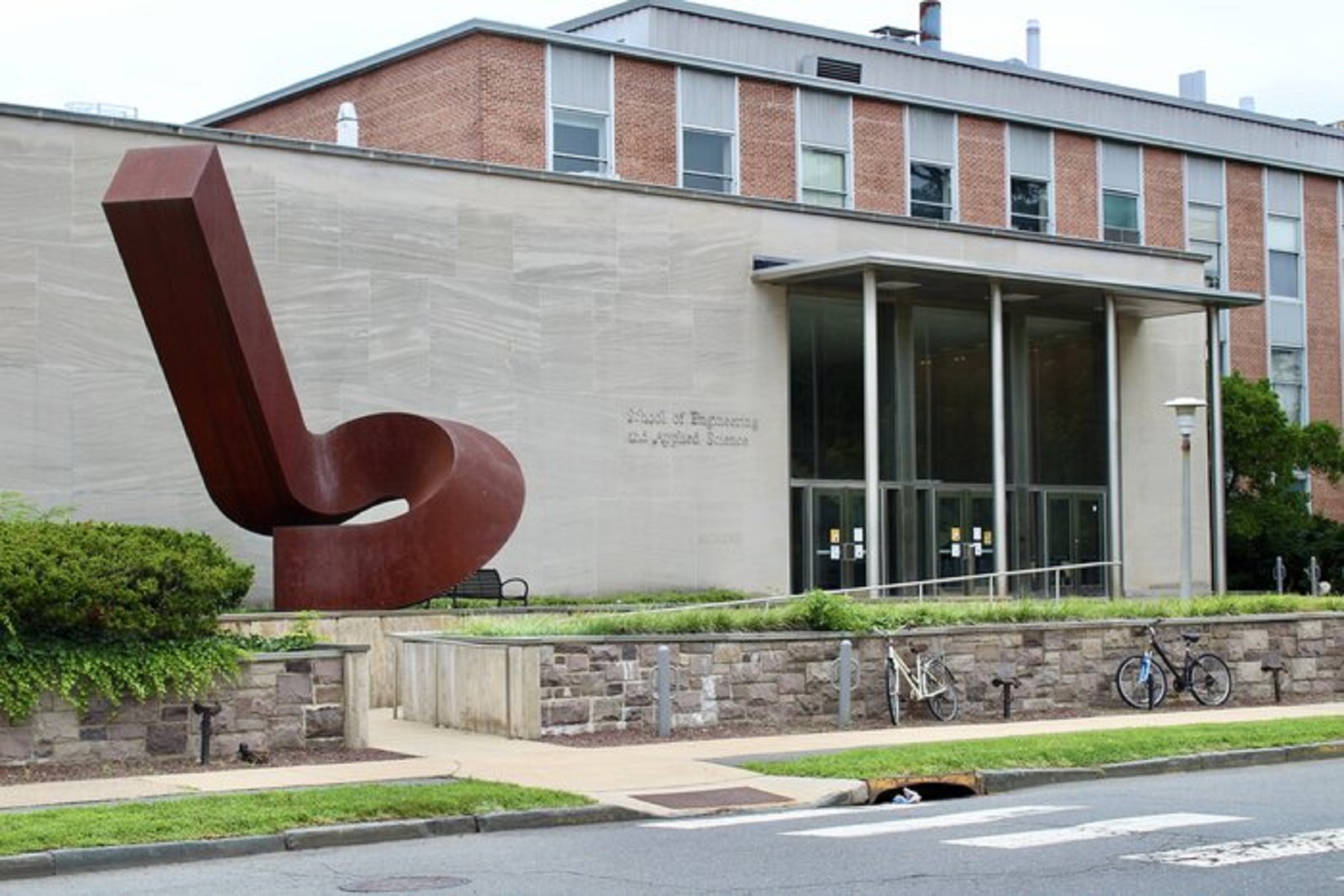 Rust-colored sculpture outside of Engineering building