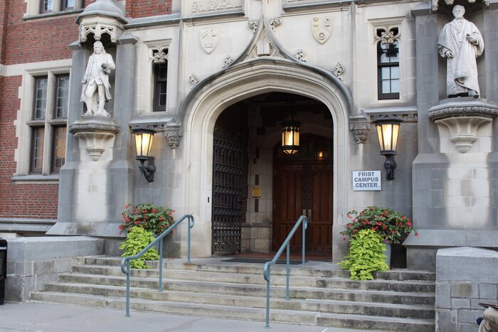 Stone steps and statues outside of Frist Campus Center