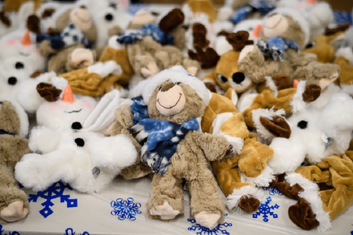 Stuffed animals: bears, snowman, deer