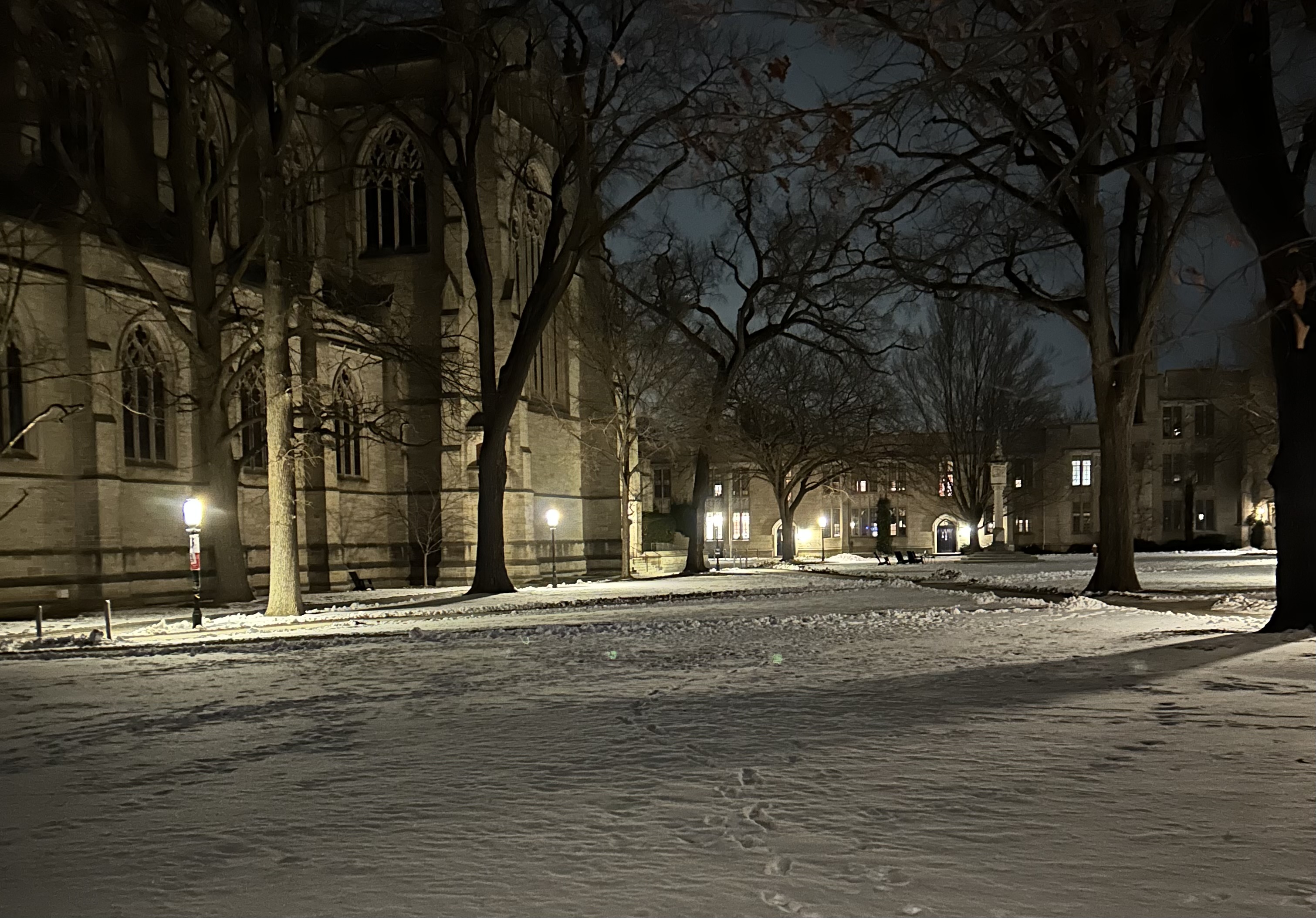 Snow on the ground at night between Gothic buildings