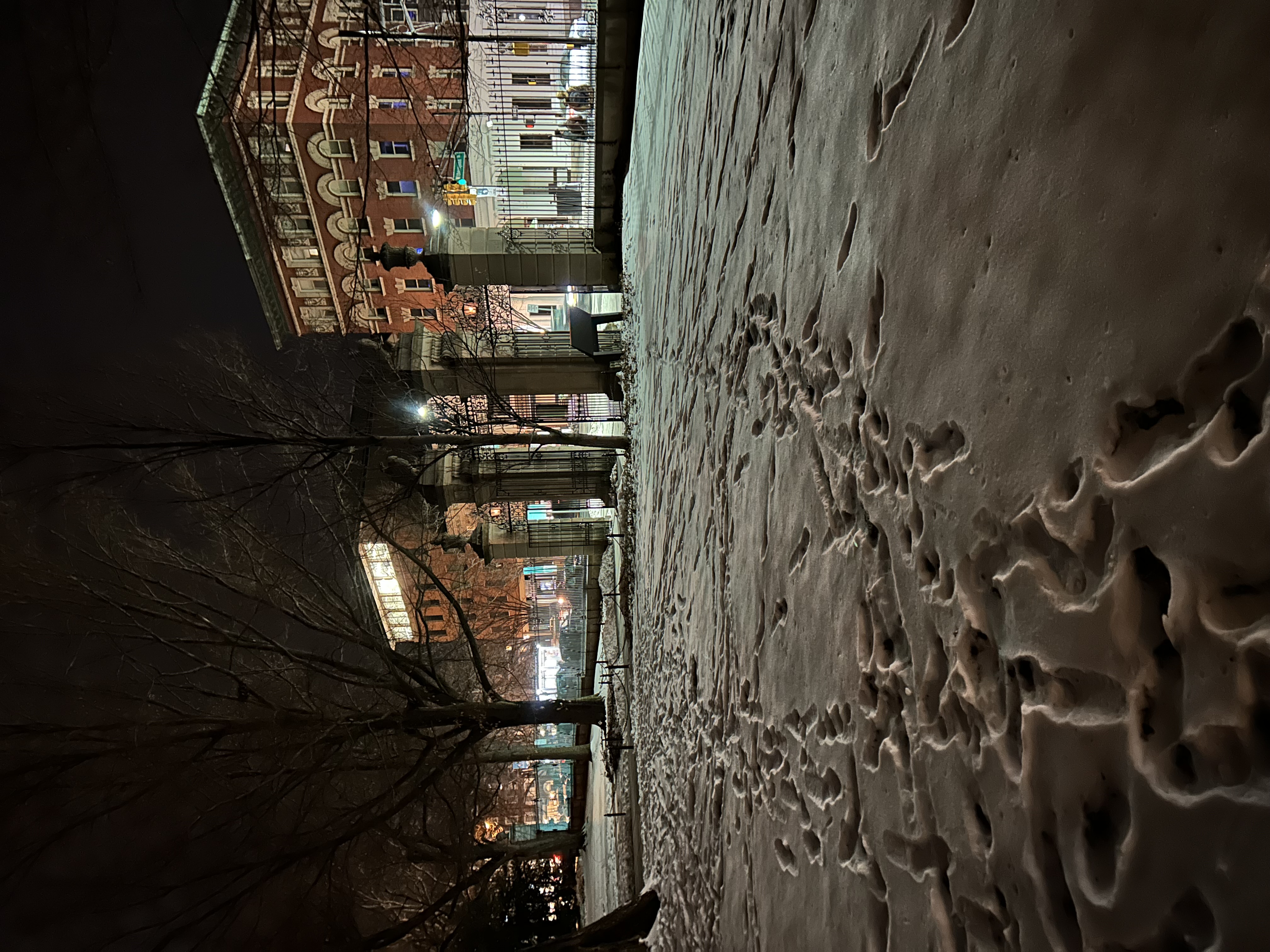 Snow on the ground at night overlooking Nassau Street