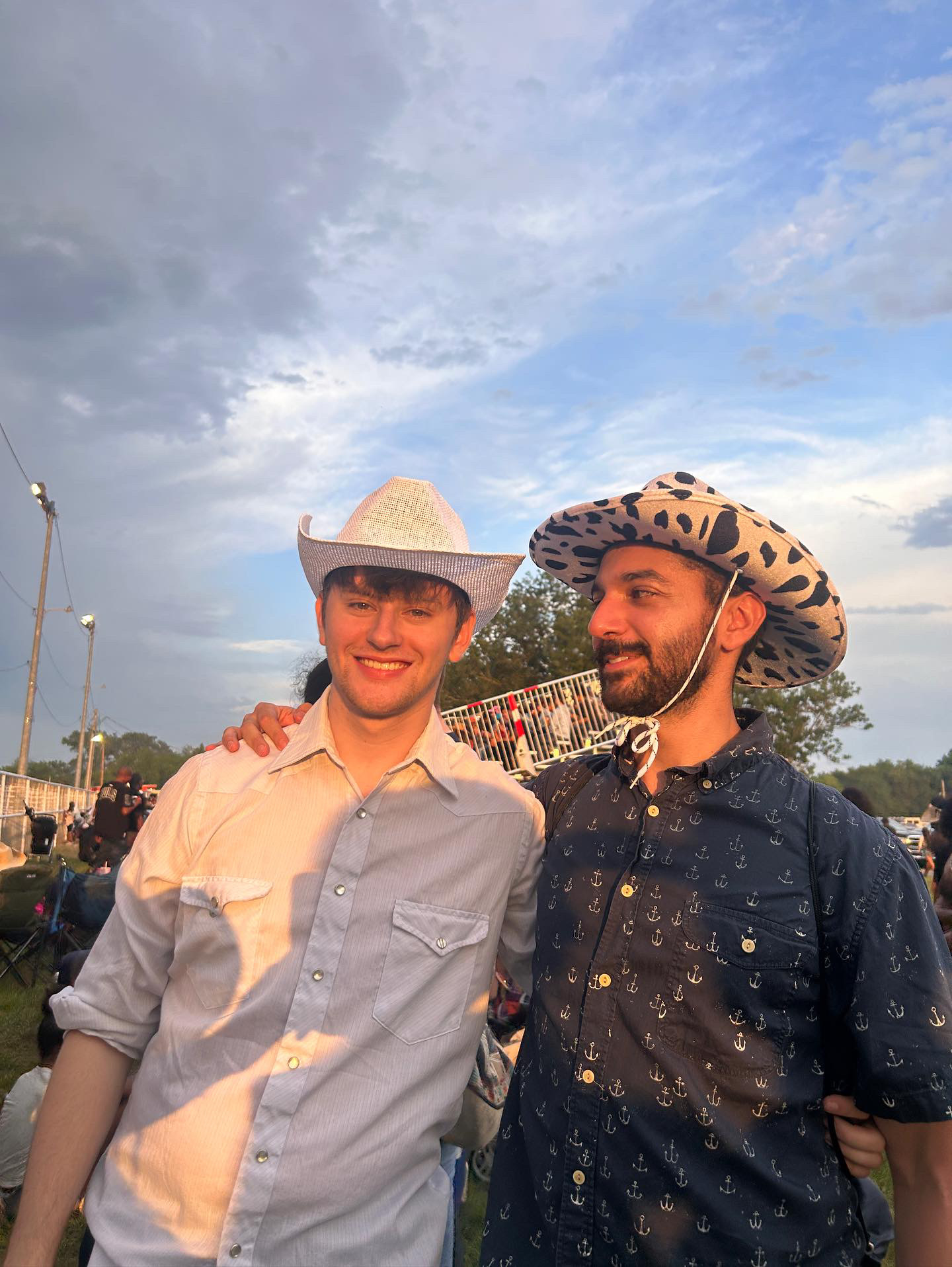 Two Princtonians, Thomas Danz and Amin Samadi, wear cowboy hats at the historic Boley Rodeo.