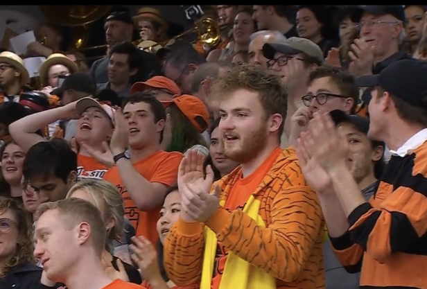 Princeton student section cheering during the basketball game 