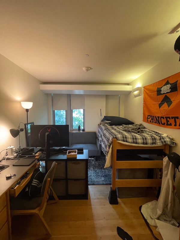 Thomas Danz's freshman year single in Bulter's Bloomberg Hall. On the left, there is a desk setup immediately followed by a shelving unit with a TV on top. The right side has his bed and a Princeton flag. There is also a couch and carpet in the background.  