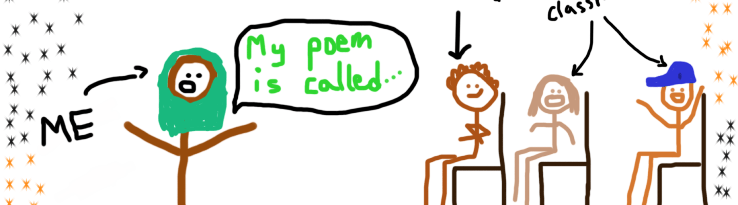 A drawing I made of me standing in my spoken word class performing a poem for my professor and classmates (who look on smiling).