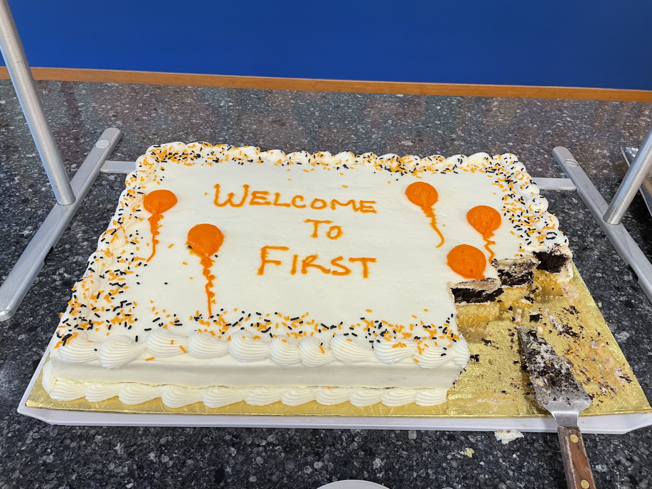 A photo of a white sheet cake. Orange and black sprinkles dot the perimeter and edges. There were orange balloons and the words “welcome to first (college)” in orange